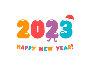 2023 numbers in cartoon style, color balloons with Santa hat. Happy New Year event poster, greeting card cover,2023 calendar design, invitation to celebrate New Year and Christmas. Vector illustration
