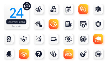 Set of Technology flat icons. Architectural plan, Reject refresh and Megaphone box elements for web application. Cloud computing, Chemistry lab, Yummy smile icons. Lock, Calculator alarm. Vector
