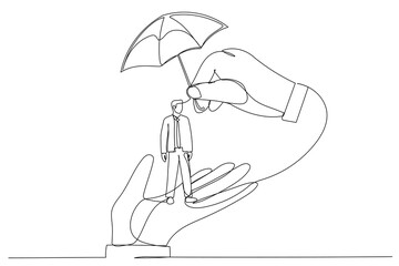 Drawing of boss hand holding tiny businessman workers. Metaphor for employee care and protection at workplace. Single line art style