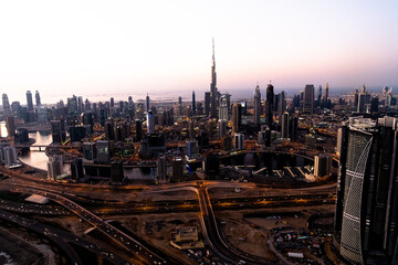 Fototapeta na wymiar Aerial landscape view at sunset Dubai Water canal