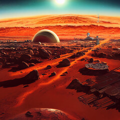 Red Planet Mars Surface. Nature Scene. Fantasy Backdrop. Concept Art. Realistic Illustration. Video Game Background. Digital Painting. CG Artwork. Scenery Artwork. Serious Painting. Book Illustration
