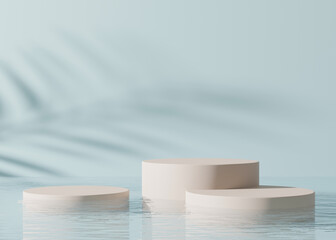 Podiums standing in water, with palm shadow, on the blue background. Beautiful mock up for product, cosmetic presentation. Pedestal or platform for beauty products. Empty scene, stage. 3D rendering.