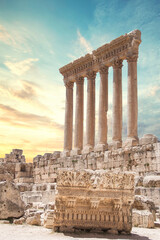 Beautiful view of the Massive columns of the Temple of Jupiter in the ancient city of Baalbek, Lebanon © marinadatsenko