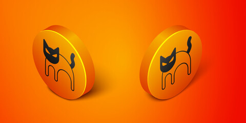 Isometric Black cat icon isolated on orange background. Happy Halloween party. Orange circle button. Vector