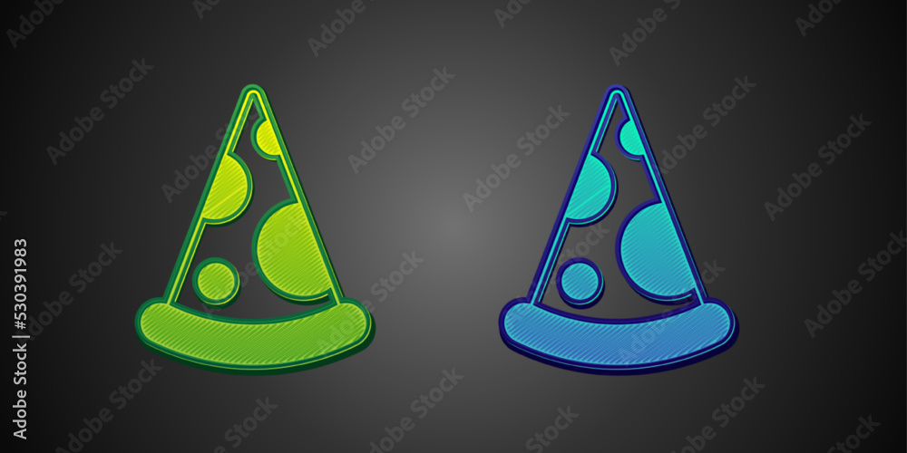 Sticker Green and blue Slice of pizza icon isolated on black background. Fast food menu. Vector