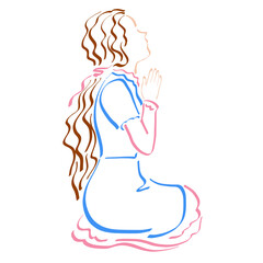 girl in a blue dress with long hair prays to God on her knees and looking up