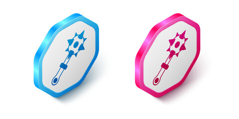 Isometric Medieval chained mace ball icon isolated on white background. Morgenstern medieval weapon or mace with spikes. Hexagon button. Vector