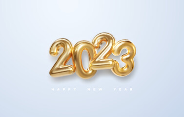 Happy New 2023 Year. Holiday vector illustration of golden metallic numbers 2023 on white background.