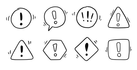 Hand drawn exclamation mark, alert sign set. Scribble doodle exclamation point, warning, hazard sign. Hand drawn sketch danger information sign. Vector illustration. - obrazy, fototapety, plakaty