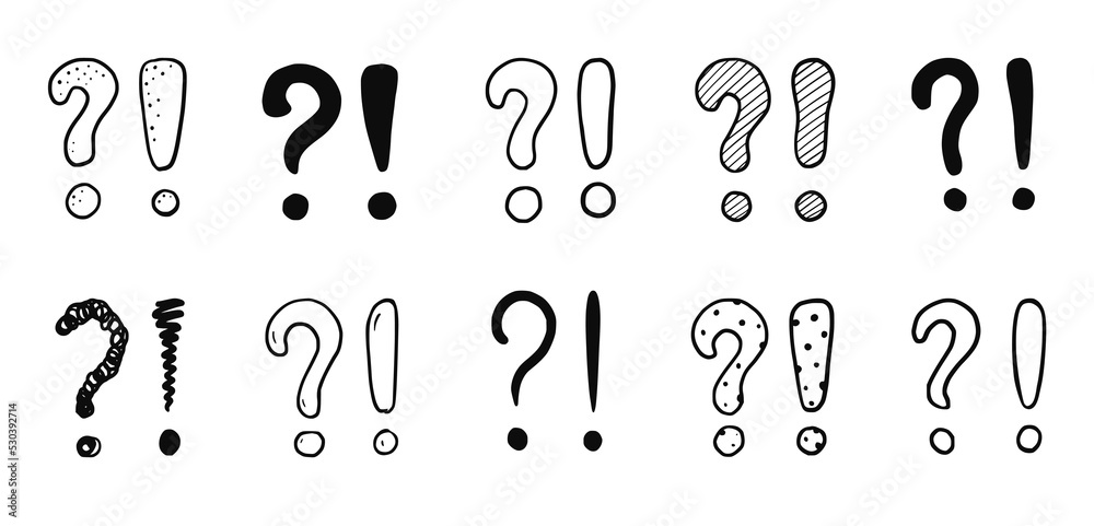 Poster Doodle exclamation point and question sign mark set. Hand drawn sketch style exclamation point sign, question mark. Scribble doodle warning sign. Isolated vector illustration.