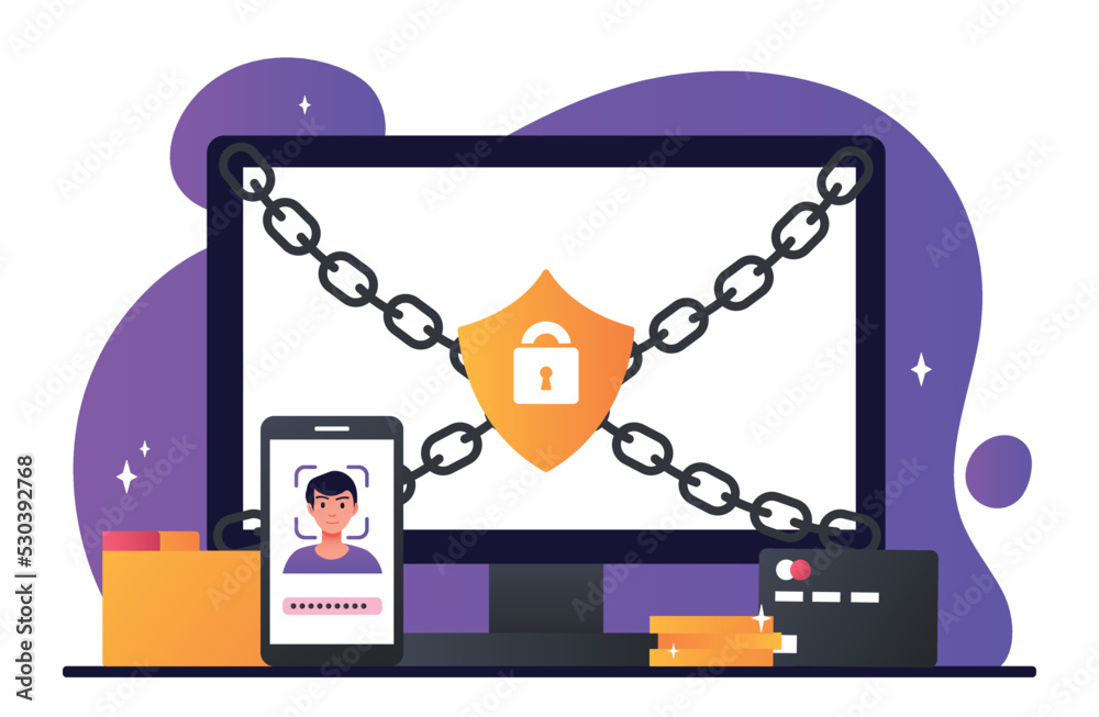 Poster cyber security concept. computer monitor behind chains. antivirus to protect against hacker attacks 