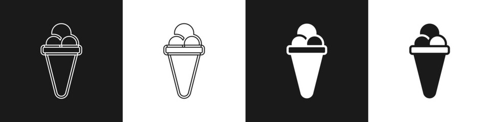Set Ice cream in waffle cone icon isolated on black and white background. Sweet symbol. Vector