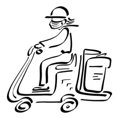 young courier sitting on a moped delivers goods, medical mask on his face, black counter on white