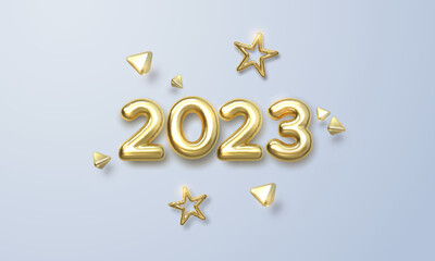 Happy New 2023 Year. Holiday vector illustration of golden metallic numbers 2023 and ornamental shapes.