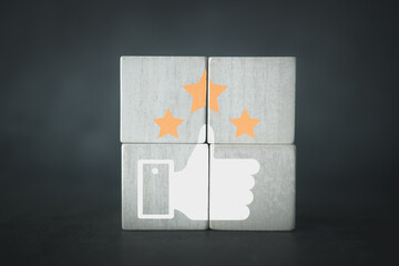 Icon of hand thumbs up good mood with three star on wood block
