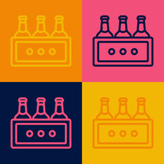 Obraz premium Pop art line Pack of beer bottles icon isolated on color background. Wooden box and beer bottles. Case crate beer box sign. Vector