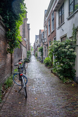 Leiden Netherlands, brick wall building, cobblestone path, parked bicycle, green plants. Vertical