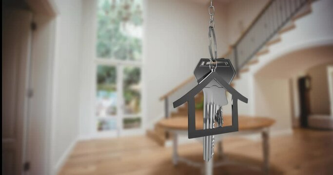 Animation of dangling house key and key fob over luxurious bathroom