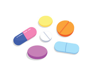 Colorful pills isolated on white background. Concept of medicine for patient, treatment, medication, health care, hospital, pharmacy. Flat vector illustration.