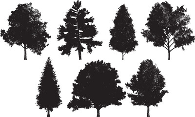 Set of tree silhouettes in dotwork style. For the forest or park background. Cedar, oak, robinia, maple black silhouettes