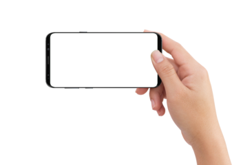 Isolated human right hand holding black mobile smart phone with transparent background