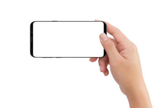 Isolated human right hand holding black mobile smart phone with transparent background
