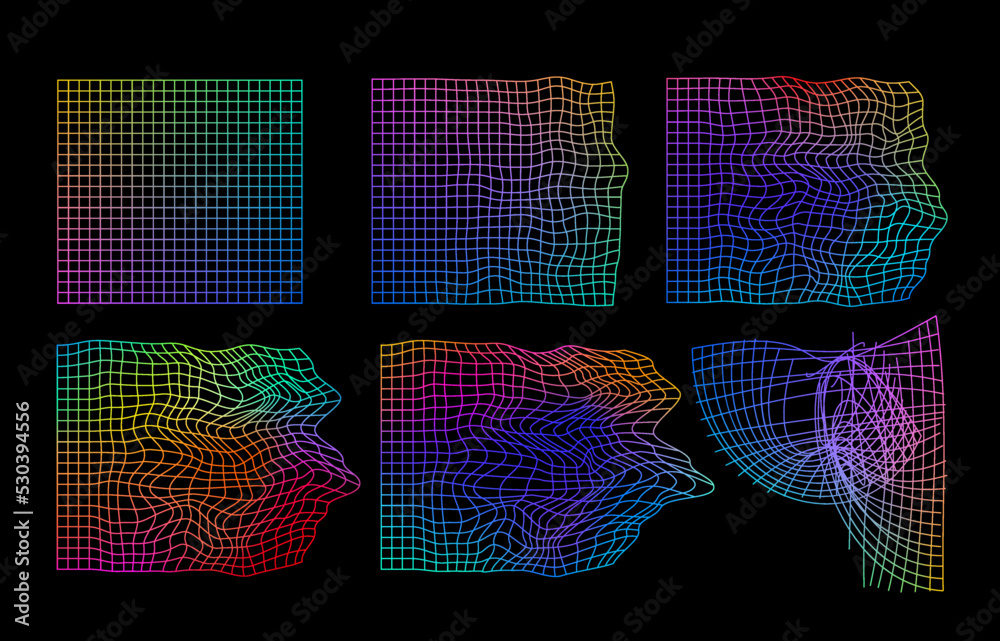 Poster Set of distorted grid backgrounds in vaporwave or 90s style with colorful gradient. Wave bent graphic grid for music cover design.