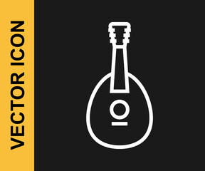 White line Traditional musical instrument mandolin icon isolated on black background. Vector