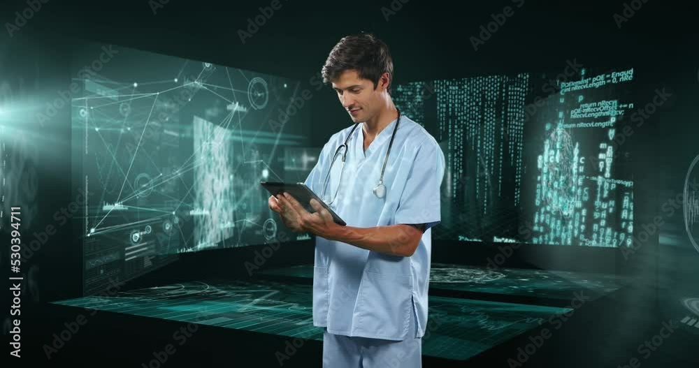 Poster animation of data processing over smiling caucasian businessman using tablet