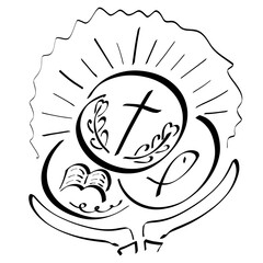 shining precious heavenly treasure in hands, coins with a fish, a cross and a bible