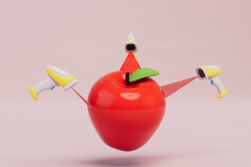 estimating the value of an apple. product scanners with red laser beams shining on the apple. 3D render