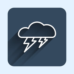 White line Storm icon isolated with long shadow background. Cloud and lightning sign. Weather icon of storm. Blue square button. Vector