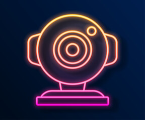 Glowing neon line Web camera icon isolated on black background. Chat camera. Webcam icon. Vector