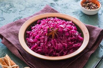 Stewed red cabbage with spices in a clay dish on a green concrete background. Traditional Christmas food.