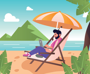 Fototapeta premium Freelancer at lounge. Young guy with laptop on beach. Modern technologies, digital world and online earnings. Remote employee working on project. Rest and relax. Cartoon flat vector illustration