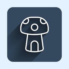 White line Fantasy mushroom house icon isolated with long shadow background. Fairytale house. Blue square button. Vector