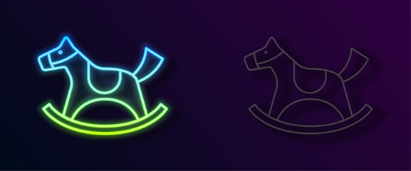 Glowing neon line Wooden horse in saddle swing for little children icon isolated on black background. Vector