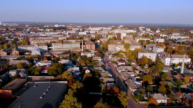 Aerial view. Residential areas of Korosten city. The main street and the central area of the city of Korosten. Zhytomyr region. Ukraine