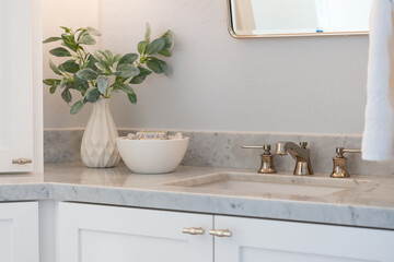 Modern bathroom details of gray marble counter with white cabinets and greenery in vase.