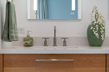 Modern bathroom details of sink with wood cabinet drawer and green accents. 