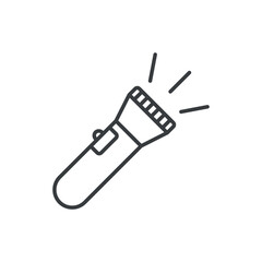 Hand flashlight icon. A simple line drawing of a hand torch with a stream of light. Isolated vector on white background.
