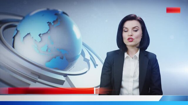 Woman TV presenter in casual suit talking and commenting latest news from virtual television studio in live news program