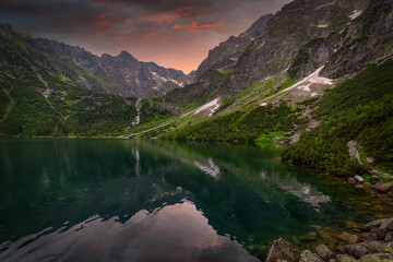 Amazing sunset in the Tatra Mountains above Eye of the Sea Lake, Poland