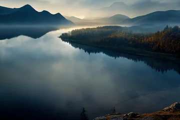 Seepanorama an einem nebligen Morgen mit Gletscherbergen und Reflexion © Viks_jin