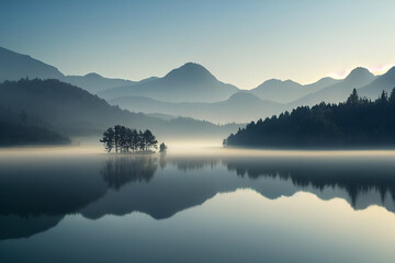 Lake panorama in a foggy morning with glaciers mountains and reflection - Powered by Adobe