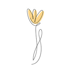 Tulip flower in continuous one line art style. Tulip with leaves and hand drawn abstract yellow bud. One line art flower. Continuous line flower. Vector