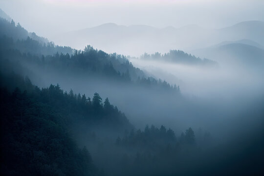 Beautiful landscape with fir forest. Mountains in the fog, mist foggy landscape. aerial view
