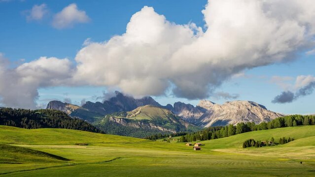 4K Time lapse of rolling clouds over Mt.Langkofel, view from Seiser Alm, Dolomites, Italy
