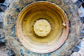 Big rubber wheel on the tractor