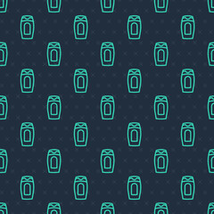 Green line Bottle of shampoo icon isolated seamless pattern on blue background. Vector